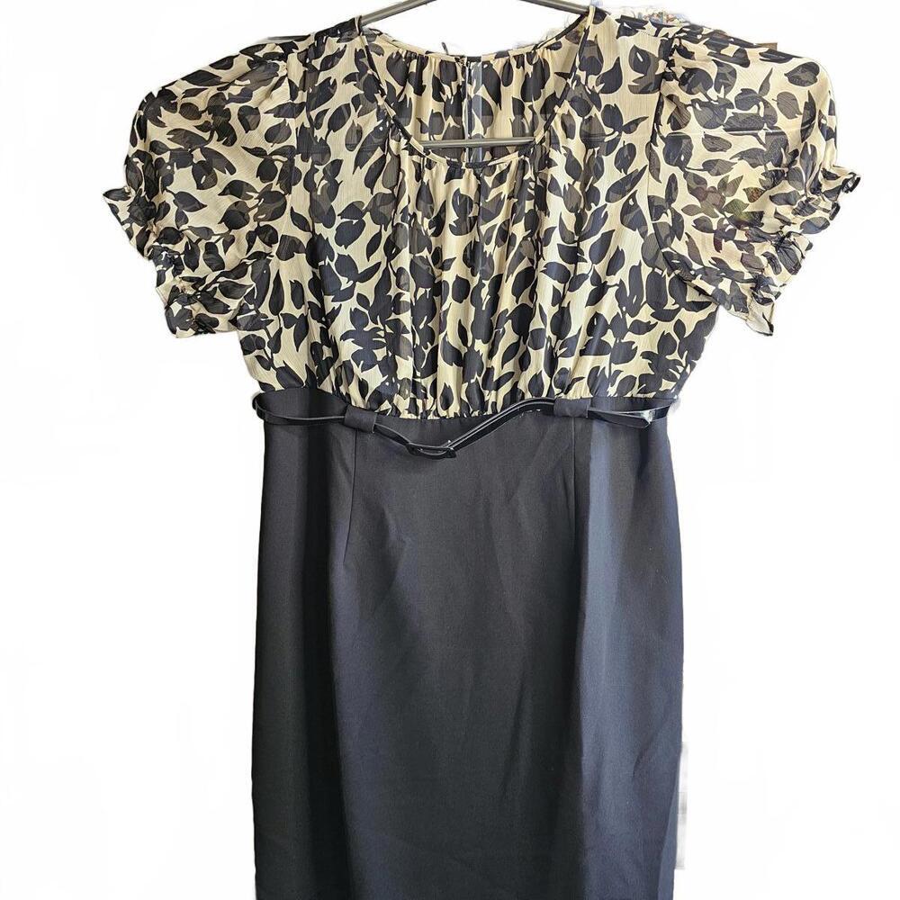Connected Woman Black and Beige Leaf Print Dress Size 24W